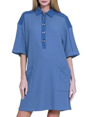 New Zenana Shirt Dress Women Size S M L Blue Waffle Pocket